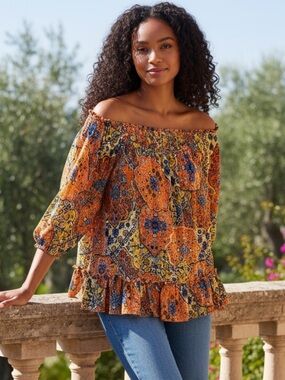 Melloday colorful paisley half sleeve peplum blouse